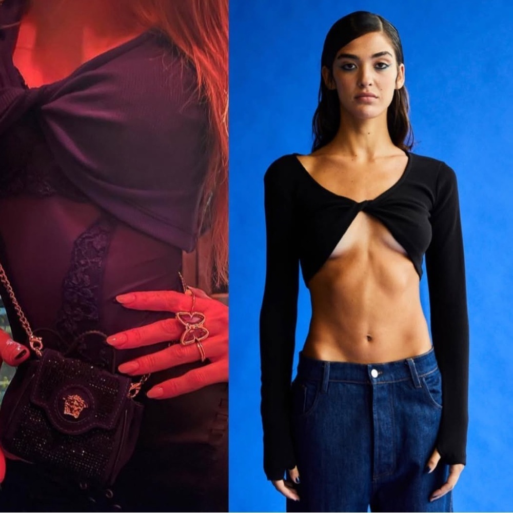 Become One twist crop top Lon sleeved ribbed black cotton size small